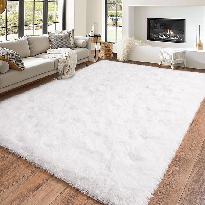 Super Fluffy Area Rug for Bedroom, Modern Shag White Area Rugs, Soft Plush Small Carpet for Kids,Girls Boys and Teens Decorations for Living Room Dorm Nursery Classroom, 5x7 Feet