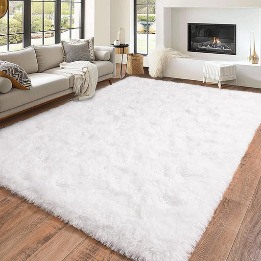 Super Fluffy Area Rug for Bedroom, Modern Shag White Area Rugs, Soft Plush Small Carpet for Kids,Girls Boys and Teens Decorations for Living Room Dorm Nursery Classroom, 5x7 Feet