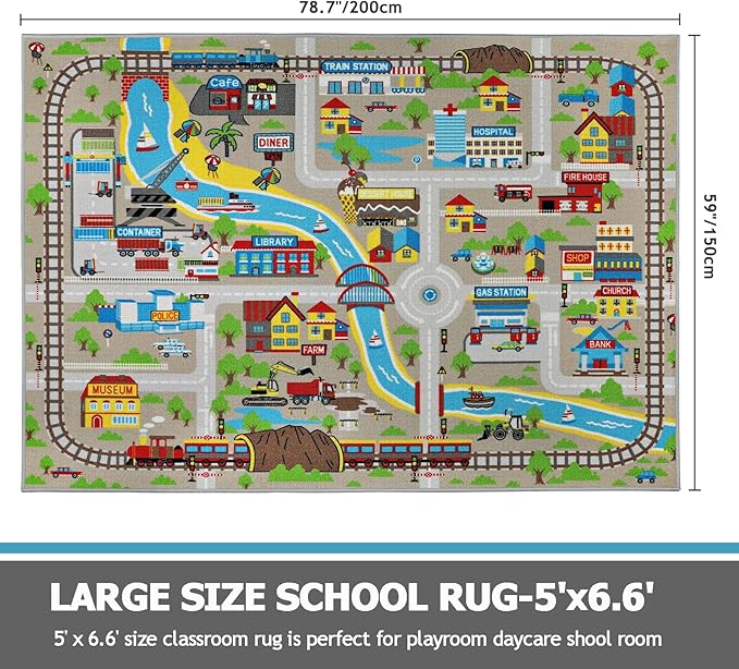 Capslpad Kids Rug 6'6" x 5'0" Educational Learning Kids Play Area Rug Large Traffic Road Cars Play Mat for Kid Toy Nursery Rug Kid Car Carpet for Playroom Living Room Classroom Decor, Tan