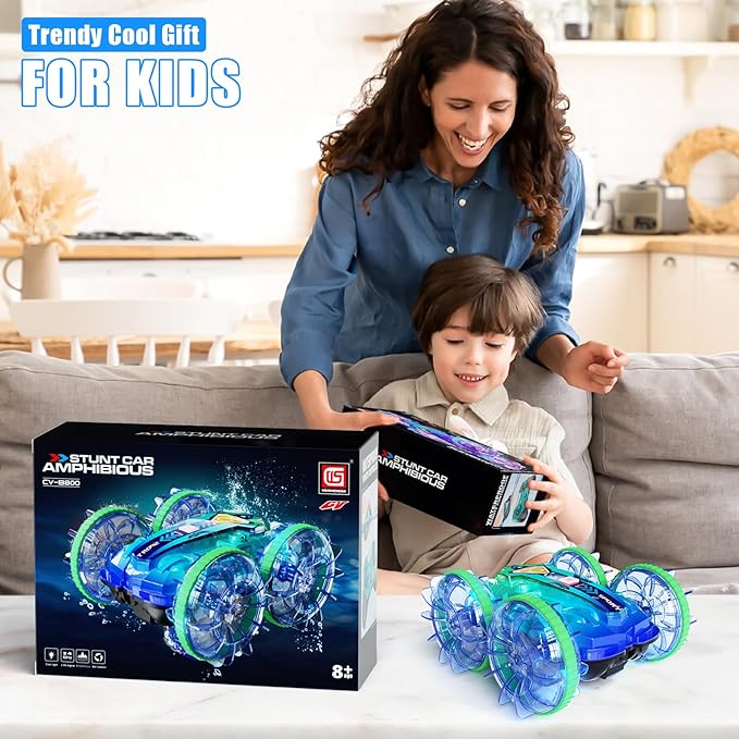 Amphibious Remote Control Car, 4WD Waterproof RC Stunt Car Toys with LED Lights, 360°Rotation RC Boat Water Beach Pool Toys for Boys, Christmas Birthday Gifts Toys for Kid Ages 4-7 8-12 Year Old