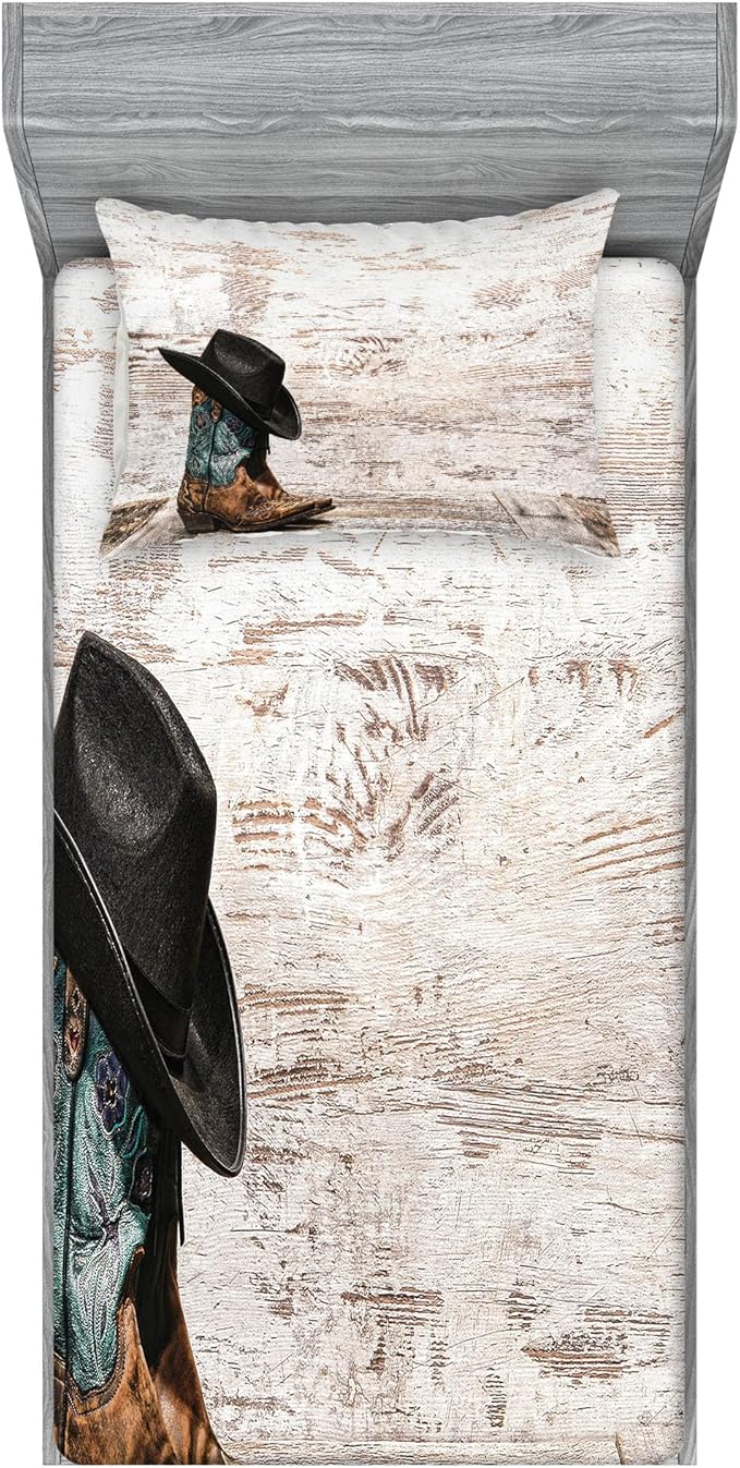 Ambesonne Western Fitted Sheet & Pillow Sham Set, Traditional Rodeo Cowboy Hat and Cowgirl Boots Retro Grunge Background Art Photo, Decorative Printed 2 Piece Bedding Decor Set, Twinxl, Black Brown
