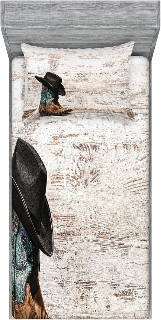 Ambesonne Western Fitted Sheet & Pillow Sham Set, Traditional Rodeo Cowboy Hat and Cowgirl Boots Retro Grunge Background Art Photo, Decorative Printed 2 Piece Bedding Decor Set, Twinxl, Black Brown