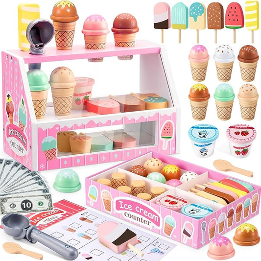 WHOHOLL Wooden Ice Cream Counter Playset for Toddler Girl Toys, Play Store Pretend Toy Food Play Kitchen Accessories with Fake Money & Coin, Gifts for 3+ Year-Old Kids (Pink)