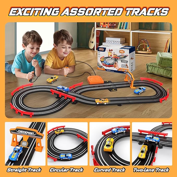 Slot Car Race Track Sets with 4 High-Speed Slot Cars, Electric/Battery-Powered Dual Car Track, Lap Counter, Controllers, Racing Car Game, Toys Gifts for Boys Girls Ages 5 6 7 8-12 Year Old Kid