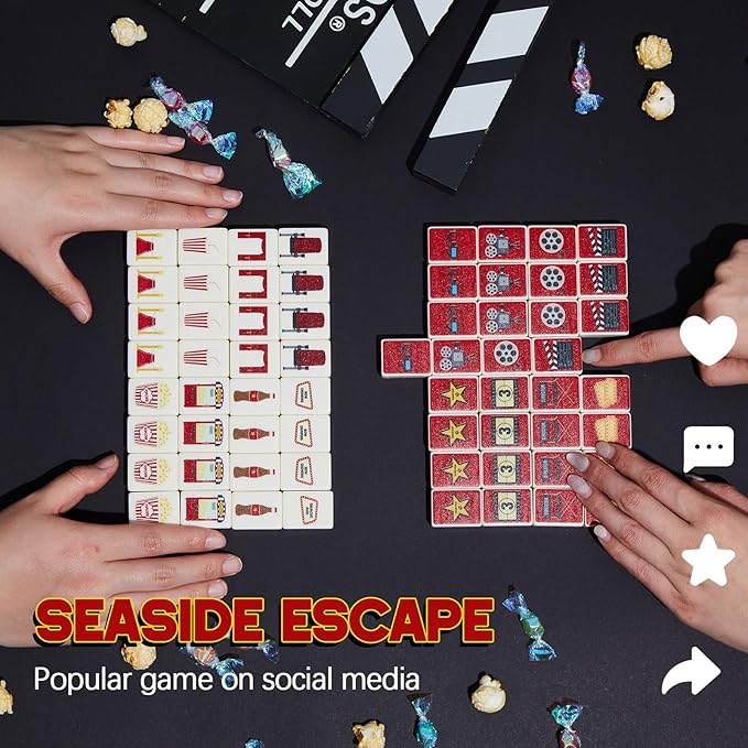 65 Tiles 30 mm Movie Night Mahjong Block Set with Storage Bags 2 Player Mahjong Push Tile Game Popcorn Drinks Pattern No DIY Required for Friend Family Game Night Party Gift (Melamine)