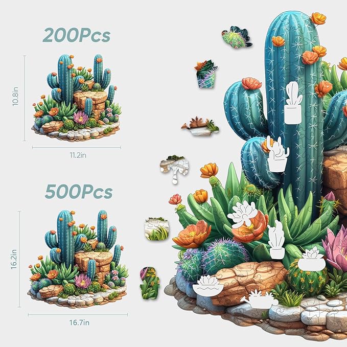Succulent Cactus Wooden Puzzles for Adults, 500 Pieces Jigsaw Puzzles, Unique Shaped Medium Size Liberty Wood Puzzle Gift for Adults and Kids, Family Game 16.7'' x 16.2''