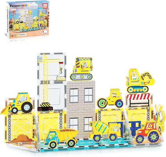PicassoTiles Magnet Tile Building Blocks Printed Construction Themed Toy Set with 8 Character Action Figure Vehicles Magnetic Tiles STEM Brain Development Learning Toys for Toddlers Kids Ages 3+ PTQ21