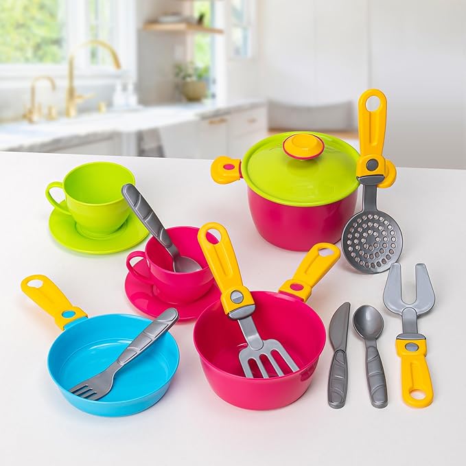 Play Dishes for Kids Kitchen | Pretend Play Kitchen Dishes Set with Drainer | Pretend Dishes Cookware Set | Fun and Colorful Toy Dishes Kit | Childrens Durable Tableware Playset (33 Pcs - Pink)