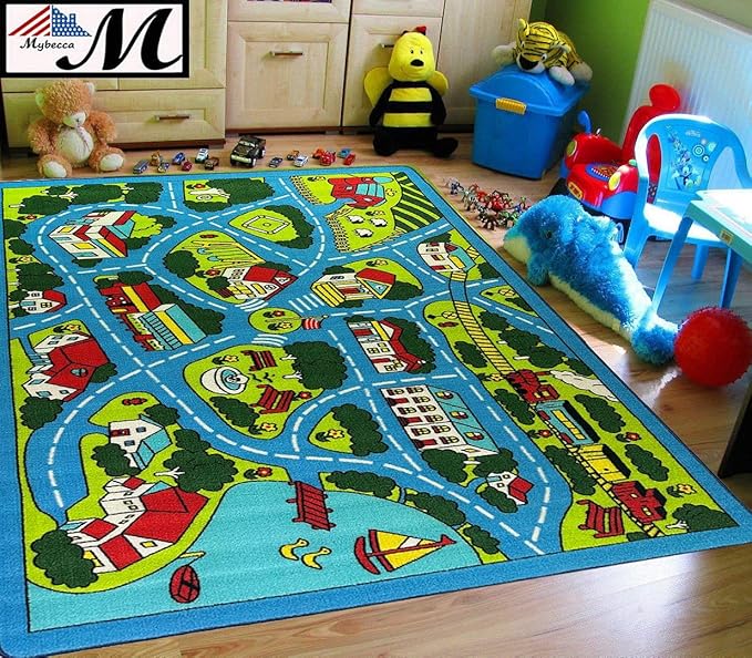 Mybecca Street map Sky Blue Light Kids Rug Play Mat for Floor 5'x7' (Approx:4'11" X 6' 10") Non-Slip Gel Backing (59" x 82") Children Area Rug