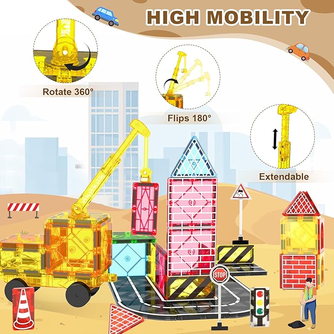 Magnetic Tiles Road Set, Magnetic Blocks Building Toys for 3+ Year Old Boys Girls, Magnet Construction Toys Preschool Educational Kids Magnet Tiles for Toddlers 3-5 4-8 (Magnetic Tiles City Set)