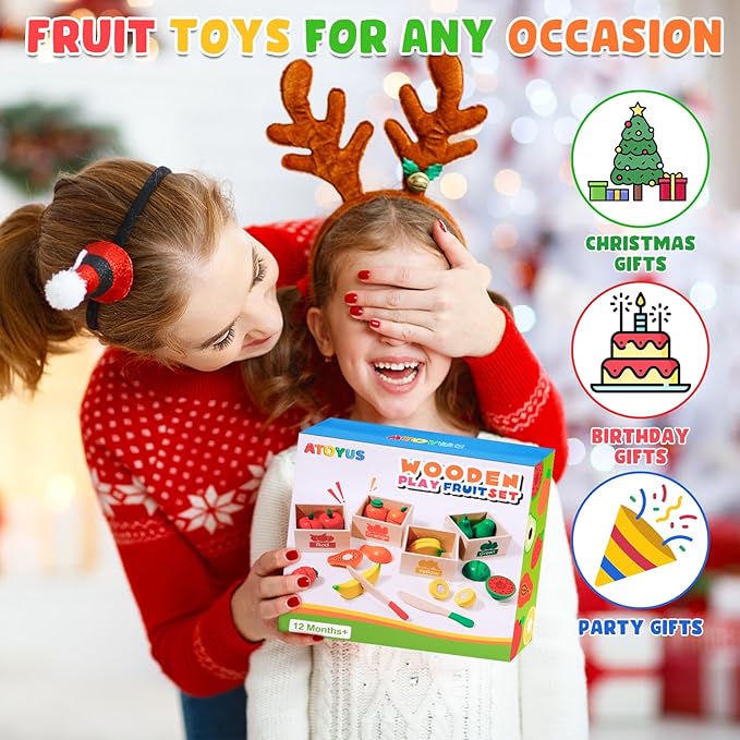 Wooden Play Food Set Toys for Toddlers 1-3, Kids Toy Play Kitchen Accessories, Velcro Cutting Fruits Pretend Food with Storage Boxes, Christmas Birthday Gifts for 1 2 3 Year Old Baby Boys Girls