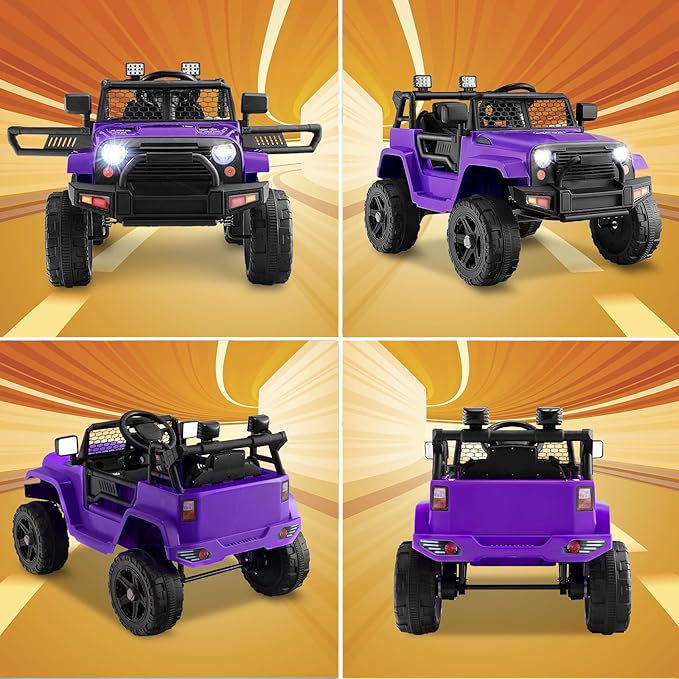 Costzon Ride on Car, 12V Battery Powered Truck Vehicle with Remote Control, Spring Suspension, Headlights, Music, Horn, MP3, USB & Aux Port, Gift for Boys Girls, Electric Car for Kids (Purple)