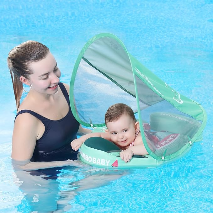 Mambobaby Float Add Tail Baby Swim Float with Canopy Solid Pool Infant Swim Trainer Swimming Training Lying Air Free Water Floats Non-Inflatable Waist Swim Ring for Toddlers (Watermelon)