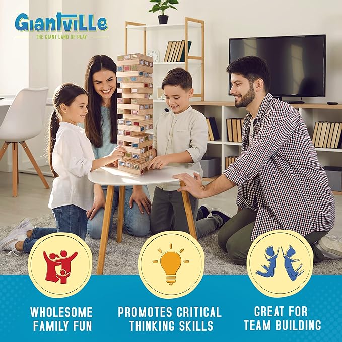 Giantville Giant Tumbling Timber Toy - Premium Pine Wood Life-Size Blocks Tower - Big Floor/Board Indoor/Outdoor Yard Game for Kids & Adults - 54-Blocks + Storage/Carry Bag - Grows Almost 4-Feet