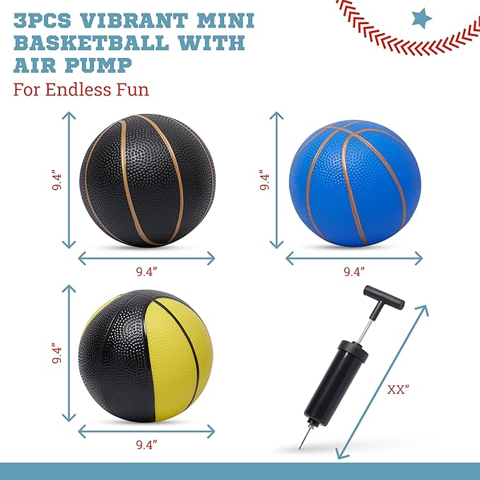 Botabee Mini Basketball - Set of 3 -Toy Basketballs with Manual Pump - Plastic Balls for Toddlers and Kids - Blue with Gold Lines + Black with Gold Lines + Black/Yellow with Gold Lines