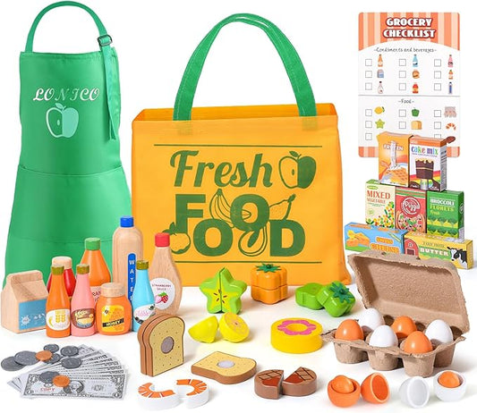 Wooden Play Food Toys for Kids, Market Grocery Store Toys with Snack & Shopping Bag & Apron for Toddlers, Pretend Play Kitchen Accessories Christmas Birthday Gift for Girls Boys 3 4 5 6