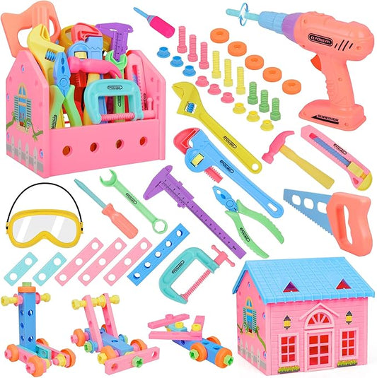 Toddler Girl Toys STEM Toys for Kids Toy,Kids Tool Set with Play Drill and Tool Box,Pink House,Protective Goggles for 3 4 5 6 7 Years Old Toddlers Kid