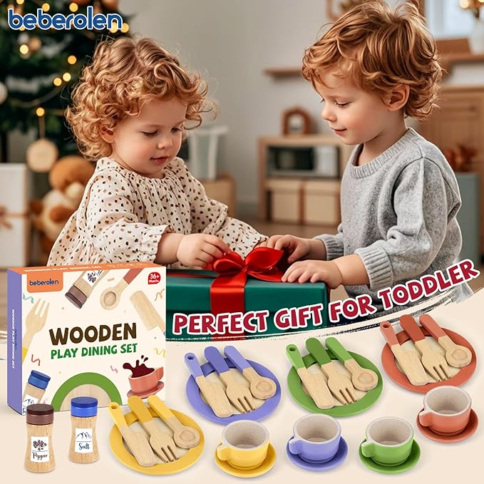 Wooden Play Dishes and Plates for Kids Kitchen Set Accessories for Toddlers 1-3 Cooking Toys Tea Cups for Kids Kitchen Birthday Gift for 3 4 5 Year Old Boys Girls