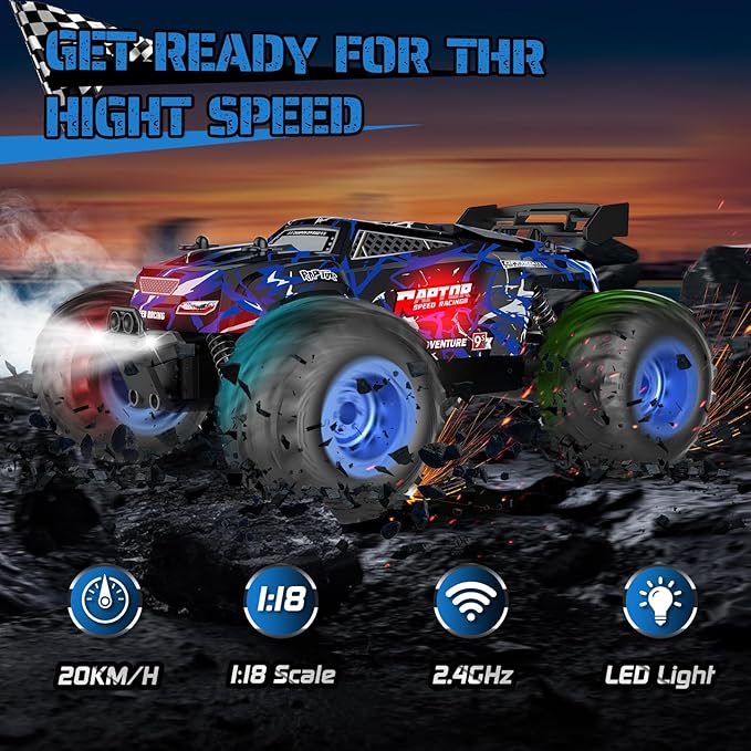 Remote Control Car, 1:18, All-Terrain Remote Control Truck with Headlight and Bodylight, 2WD, 20KM/H, PVC Shell, 2.4GHz, Rechargeable, Sturdy, Two Speed Control, Rc Cars for Kids, Beginner