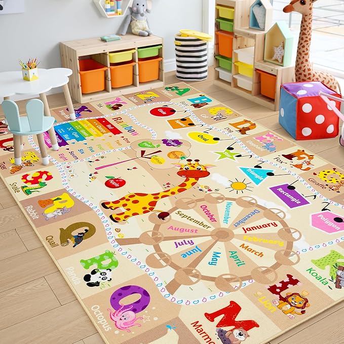 Chicrug Educational Kid Area Rug for Playroom, 6x9 Feet TPR Non Slip Kids Classroom Carpet Rug for Learning ABC Animal, Shape Color Fruit, Washable Play Mat Rug for Children Nursery Toddler Room Decor