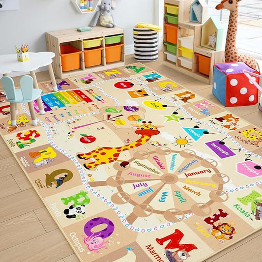 Chicrug Educational Kid Area Rug for Playroom, 5x7 Feet TPR Non Slip Kids Classroom Carpet Rug for Learning ABC Animal, Shape Color Fruit, Washable Play Mat Rug for Children Nursery Toddler Room Decor