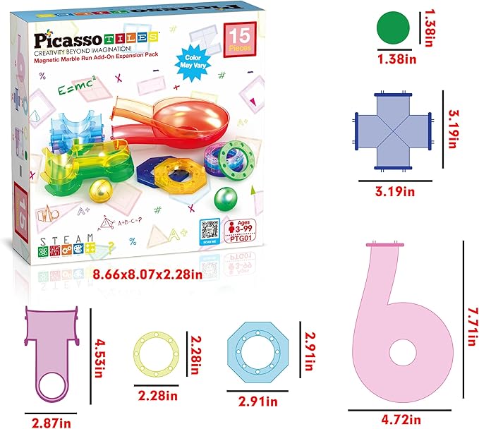 PicassoTiles Magnetic Marble Run Add-On Expansion Pack for Magnet Tile Building Blocks Maze Construction Toy Kit Educational STEM Learning Enhances Creativity Imagination Children Ages 3+ PTG01