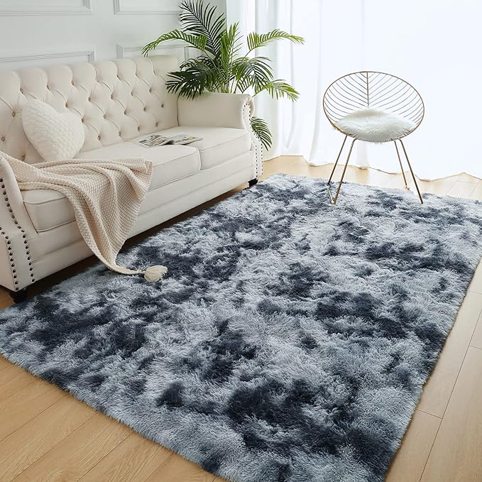 AROGAN Soft Rainbow Area Rugs for Girls Room, Fluffy Girls Bedroom Rugs, Princess Rug, Cute Colorful Carpet for Kids Teens Nursery Toddler (Blue-Grey, 4×6 Feet)