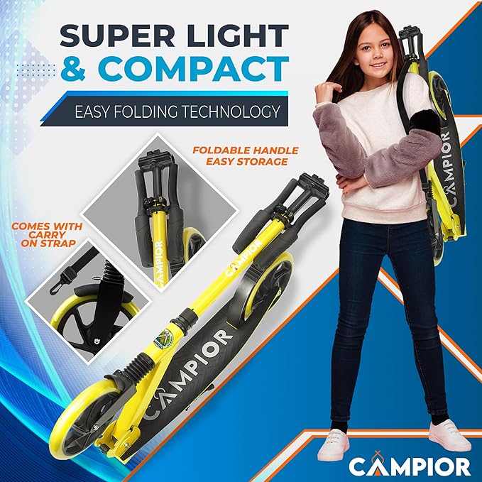 Kick Scooter for Ages 6+, for Kids, Teens, and Adults, Max Load 240 LBS, Foldable, 8-inch Big Wheels for Kids and Adults, with Kickstand, 3 Adjustable Levels, Child Safety Approved, Yellow