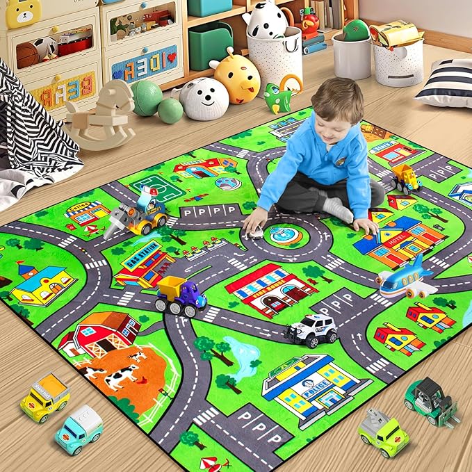 Kids Rug, City Road Rug for Kids, 4x6 Ft Car Rugs for Toy Cars, Realistic Colors Perfect for Children and Baby Playmat, Non-Slip Classroom Carpet