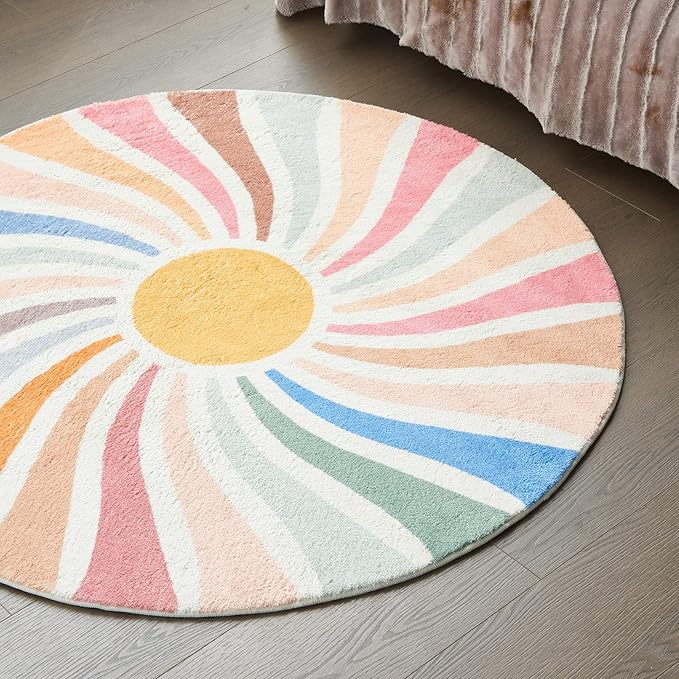 Topotdor Sun Rainbow Round Rug,Colorful Boho Kids Rug Ultra Soft Washable Nursery Rug for Bedroom Perschool Classroom,63" Round