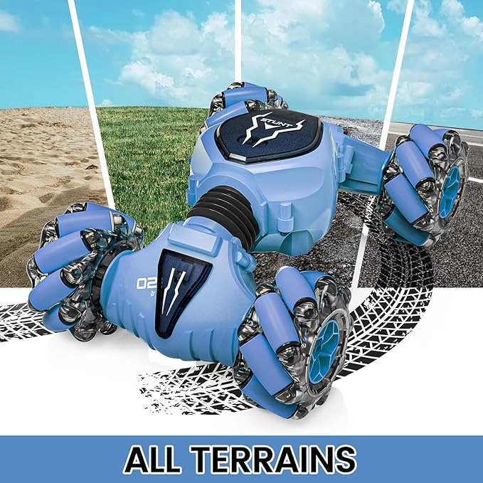 Tecnock Remote Control Car RC Cars for Boys Girls, 2.4GHz 4WD Gesture Sensing RC Stunt Car Toys - 360° Rotating Double Sided Hand Controlled RC Car with Lights, Gifts for Kids, Blue