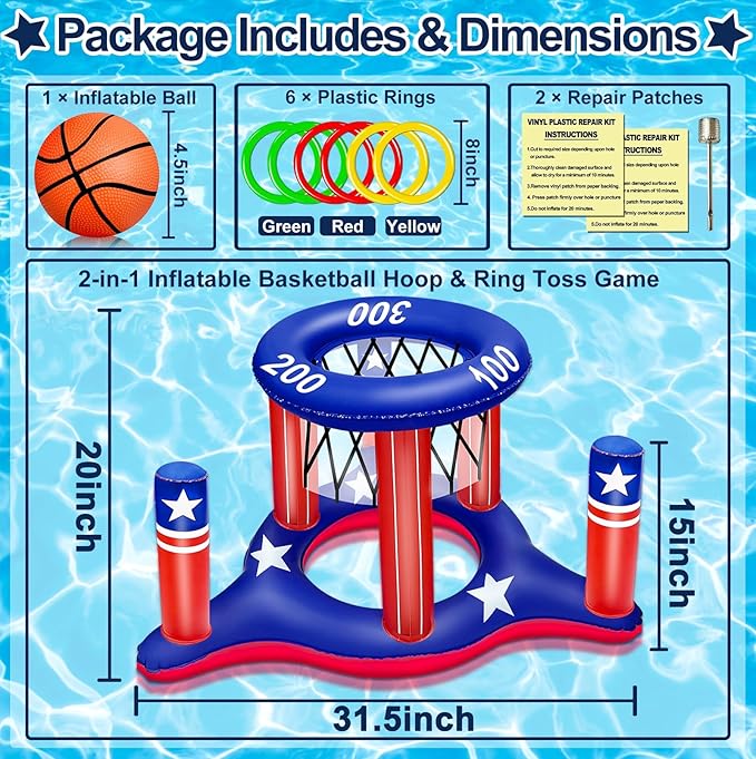 American Flag Pool Toys Games for Kids Adult 2-in-1 Floating Basketball Hoop Inflatable Cross Ring Toss Games Set Summer Swimming Pool Water Games Toys