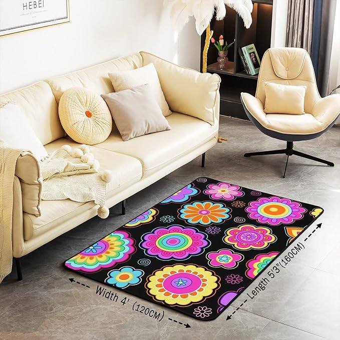 Erosebridal Groovy Flower Power Area Rug 4x5 Girls Neon Purple Black Vintage Floral Rug Hippie Aesthetic Psychedelic Botanical Non Shedding Indoor Floor Mat for Living Room