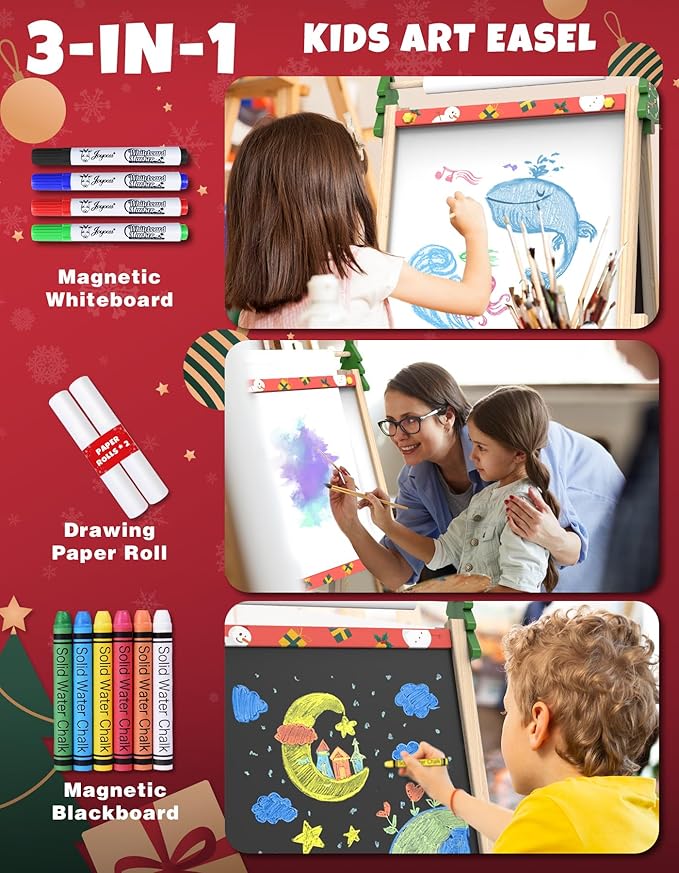 Joyooss Art Easel for Toddlers, Adjustable Standing Wooden Easel with Dry Erase Board, for Kids Age 2-4 to 9-12