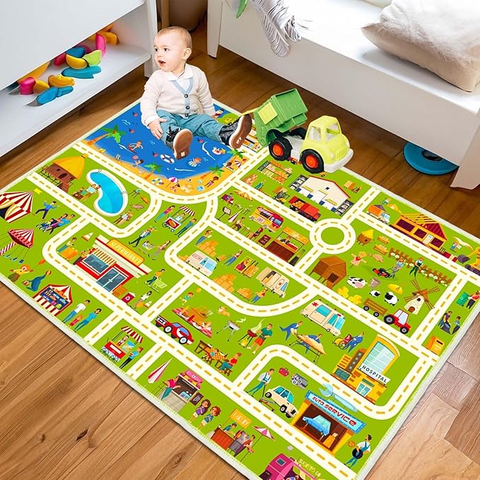 Kids Carpet Playmat Car Play Rug City Life Traffic Road Kids Rug for for Carpet for Bedroom Boys(Lgreen Rug,2.6x3.9ft)