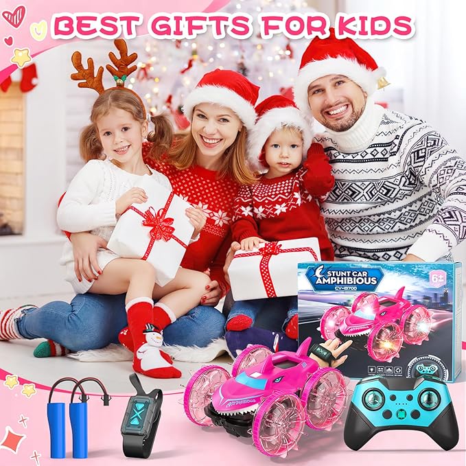 Axirata Amphibious RC Car with Lights for Kids 6-12 Year Old Girls Toy Gesture Hand Remote Control Boat 4WD 2.4GHz Waterproof RC Stunt Car 360° Rotating Water Beach Pool Toys Gift for Girls Kids