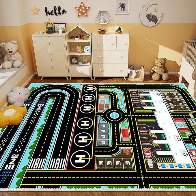 Kids Car Rug Carpet Playmat for Play Toy Cars, Airplane Road Airport Parking Track Rugs Carpet for Playroom Nursery Classroom Kids Room, Car Play Floor Mat Great Gift for Boy Girl 4x6ft
