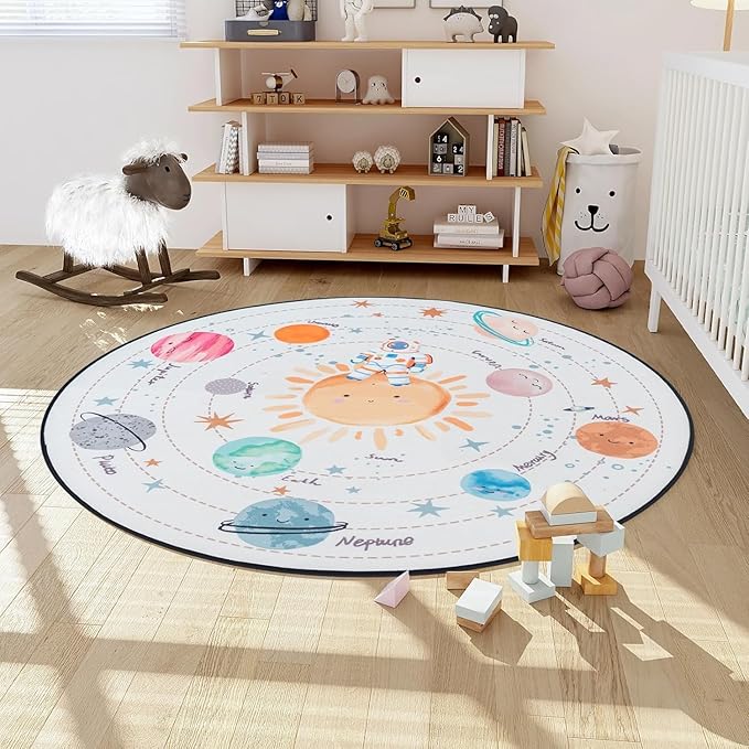 Solar System Planet Theme Carpets for Kids Bedrooms, 5ft Non-Slip Space Round Rugs for Baby,Circle Area Rug for Boys Girls Playroom,Educational Crawling Rug for Classroom