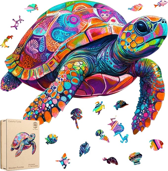 Colorful Turtle Puzzles for Adults 500 Pieces, 5MM Thick Wooden Jigsaw Puzzles, Unique Shape Puzzle Ocean Wood Puzzles for Adults and Kids Birthday Gifts Family Game 16.9 * 16.9inch