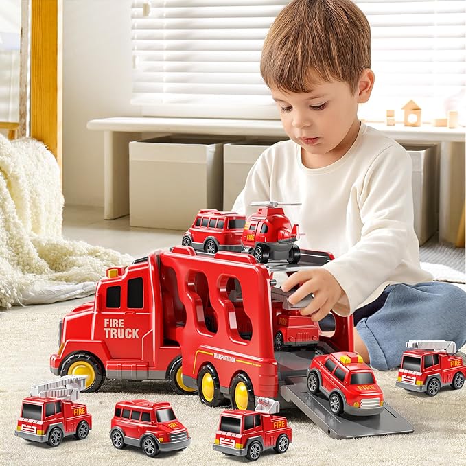 7-in-1 Fire Trucks for 3 4 5 6 Years Old Boys - Transport Car for Toddlers 4-6, Sound and Light Kids Toys for Ages 2-4, Gift for Ages 5-7, 4-8 Year Old Girl Birthday Gifts