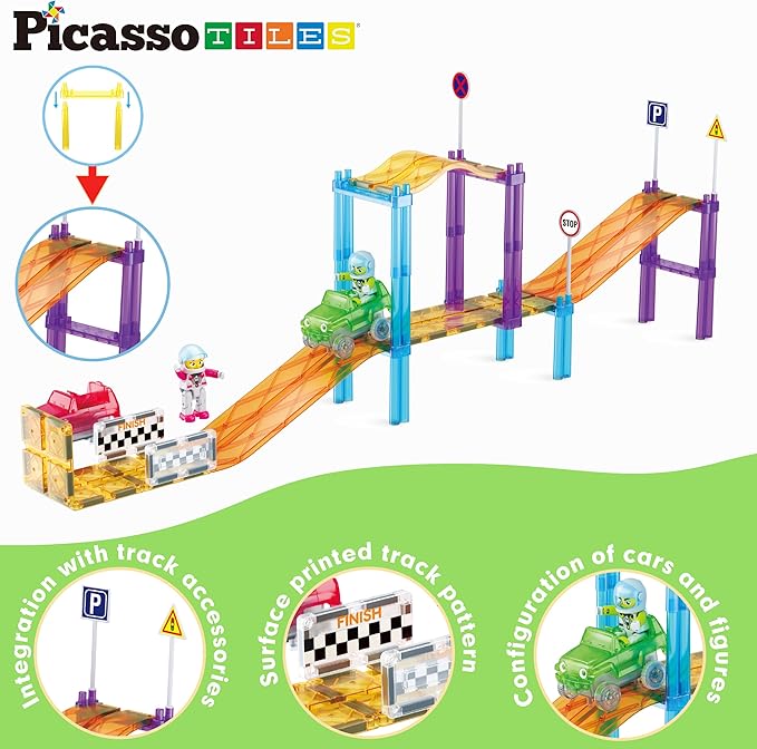 PicassoTiles Magnetic Race Track Car Slide Magnet Building Blocks Tiles Sensory Toys for Kids Toddlers Include Trucks Character Action Figures STEM Learning Kit Races School Age 3+ year Old Boys Girls