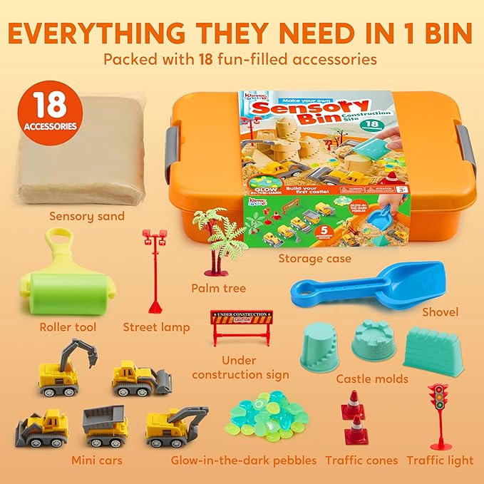 Klever Kits Construction Sensory Bin for Toddlers with Glow in The Dark Stones, Sandbox with Lid Castle Building kit, Preschool Learning Activities Gifts for Boys Girls Age 3+