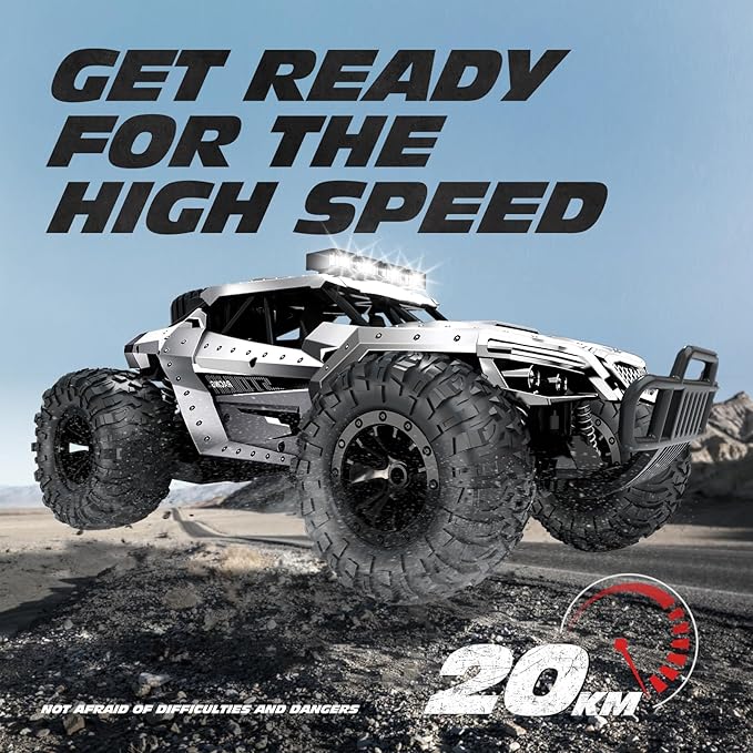 Tecnock RC Car 1/16 Scale Remote Control Car for Boys, High Speed 20 Km/h All Terrains Rc Monster Truck with Two Rechargeable Batteries & Head Chassis Lights Gift Toy for Kids Adults, Silver