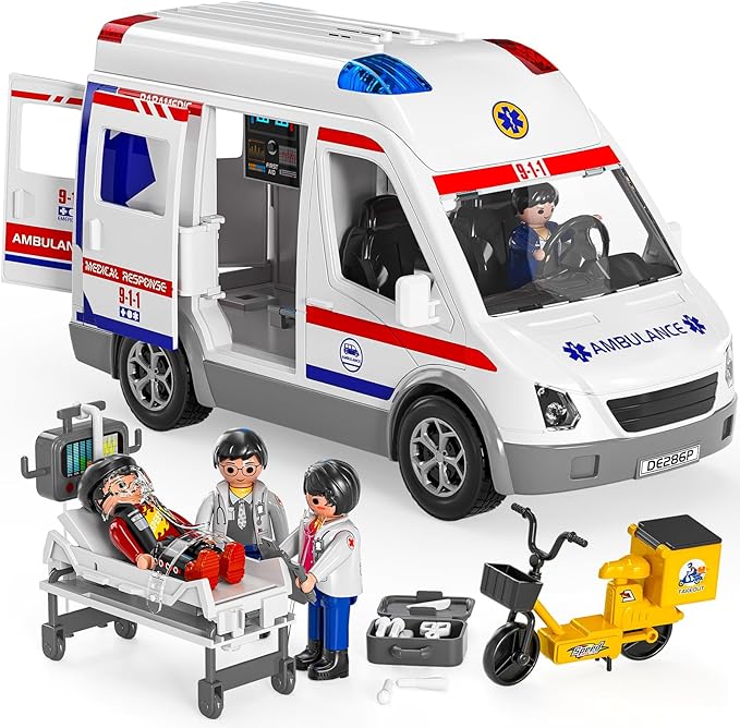 TEMI Ambulance Toy for Kids 3 4 5 6 7 8 Years Old Friction Powered Truck with Light and Sound Emergency Vehicle Toy for Boys Girls Gifts for Age 3-12 Boys Girls