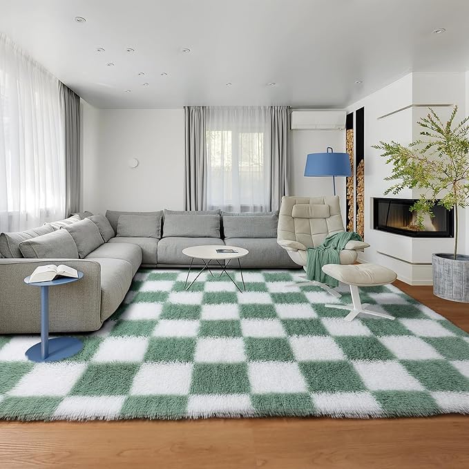 KICMOR Living Room Rugs 5x8 Sage Green and White, Large Fluffy Furry Shaggy Fuzzy Checkered Area Rug Bedroom Big Carpet, Shag Plush Soft Nursery Rug Cozy Room Decor for Teen Toddler Kids Baby Boys