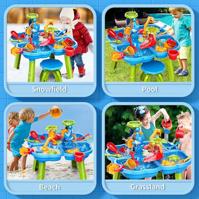 3-Tier Water Table for Kids Ages 3-5 4-8, Toddlers Outdoor Summer Water Table Beach Toys, Kids Activity Sensory Table Toddler Sand Box Play Table with Rain Showers Splash Pond for Boys Girls
