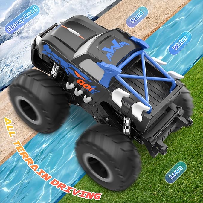 RC Monster Truck 1:16, Electric RC Car RC Monster Car 4WD Rock Crawler Scale Remote Control Truck Toy Cars,Waterproof&Dustproof Electric Vehicle Toys Car for Ages 6-12 (Blue)