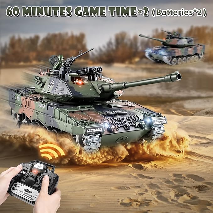 1:18 RC Tank, 2.4Ghz Metal German Leopard II Remote Control Model Toys, RC Vehicle Military Tank That Shoots BBS and Water Bombs, Army Toy for Adults and Kids with Smoke, Lights, Sound, Recoil