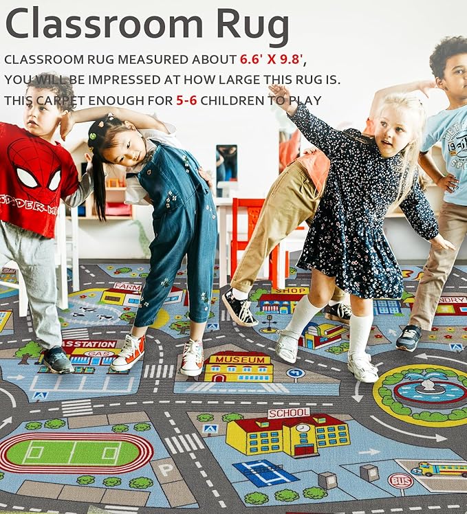 Kids Rug 6'6" x 9'8" City Life Playmat Area Rug Car City Map Washable Traffic Road Educational Learning Nursery Rug Carpet for Children Playroom Living Room Bedroom Classroom Decor Blue