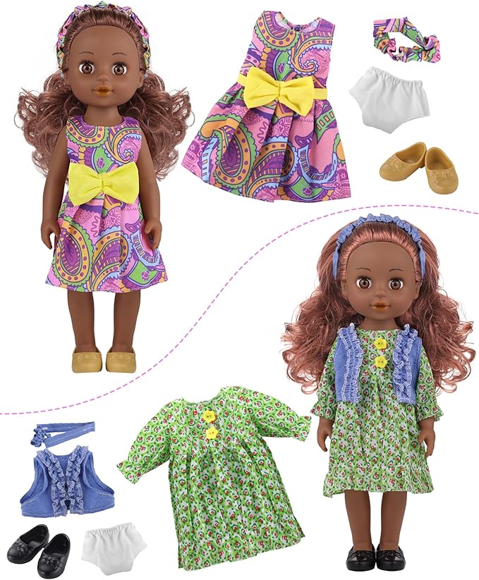 GAGAKU Black Doll for Girls, 14" Black Dolls Set for Toddlers Kids 1 2 3 4 5 6 Years Old, Black Girl Baby Doll with Hair to Comb, Including Doll Dress Clothes Outfits Hair Accessories